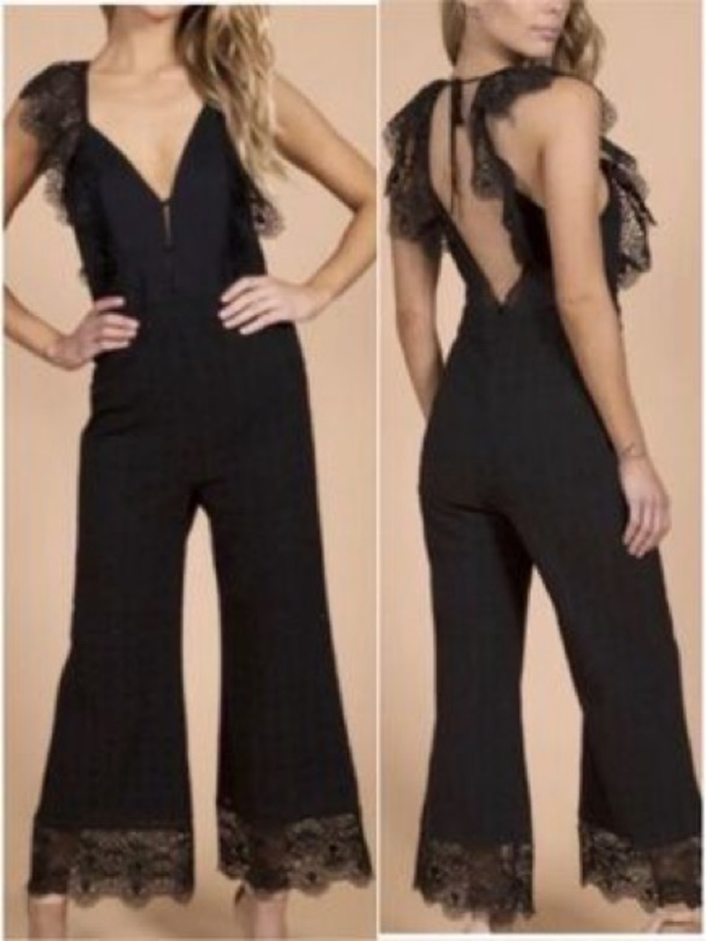 Nightcap xs Black Lace-Trim V-Neck Jumpsuit